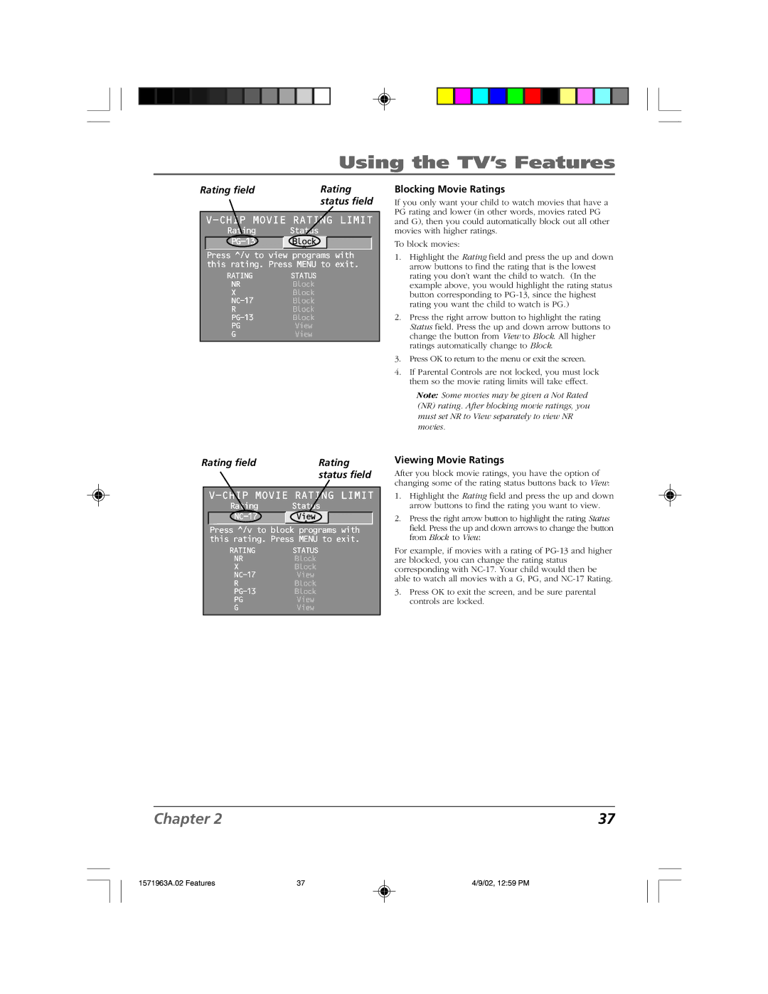 RCA F19436 manual Rating field, Blocking Movie Ratings, Viewing Movie Ratings 