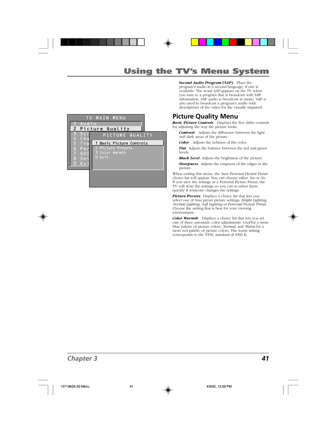 RCA F19436 manual Picture Quality Menu 