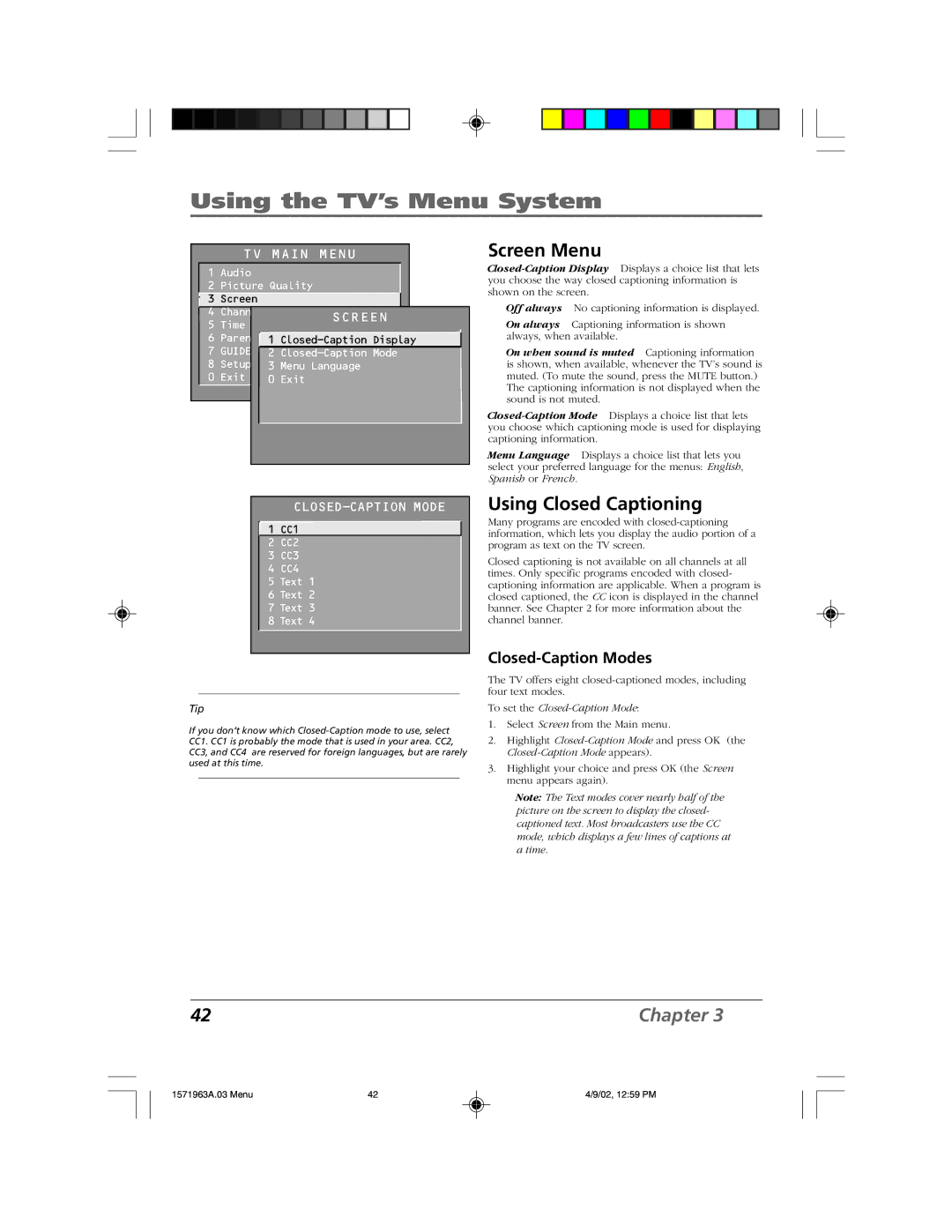 RCA F19436 manual Screen Menu, Using Closed Captioning, Closed-Caption Modes 