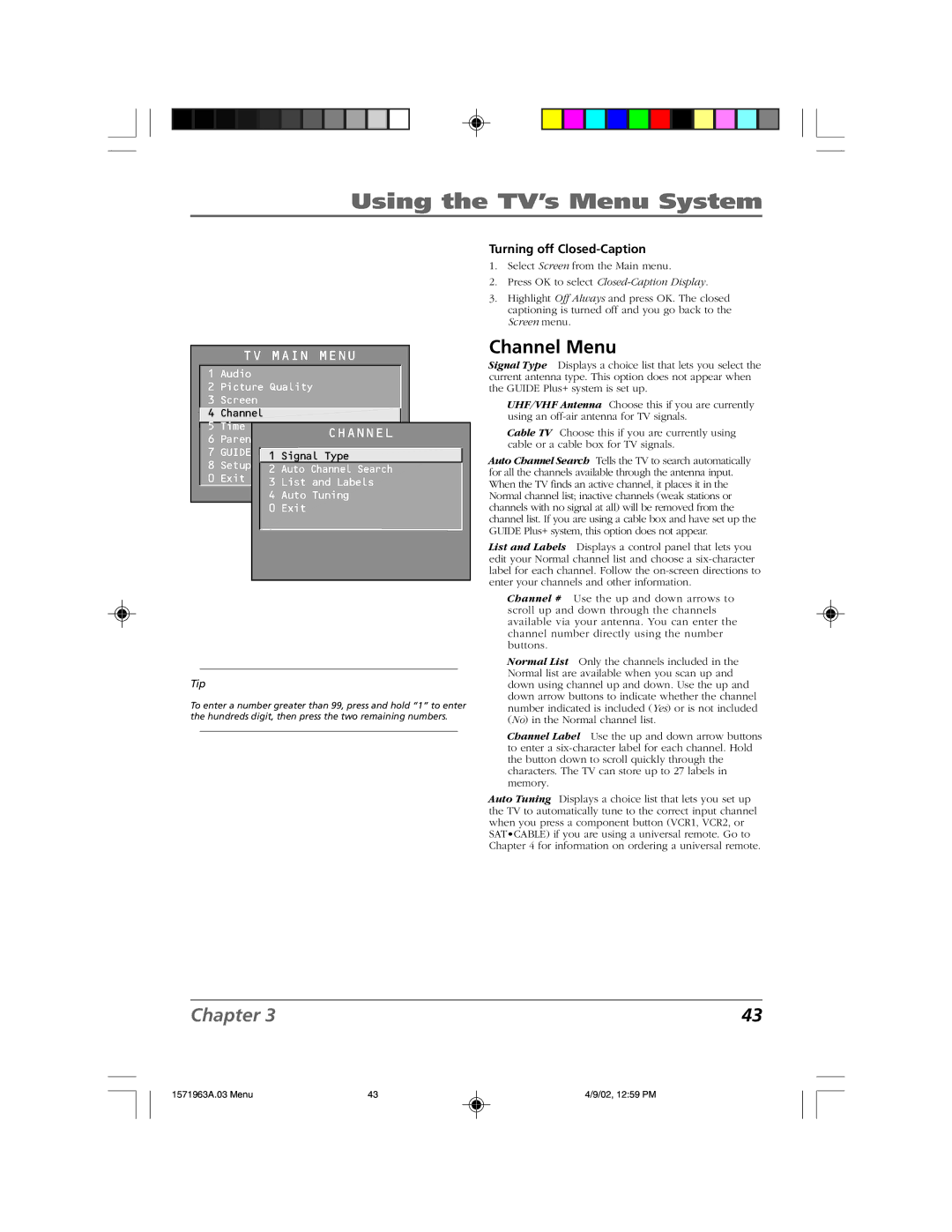 RCA F19436 manual Channel Menu, Turning off Closed-Caption 