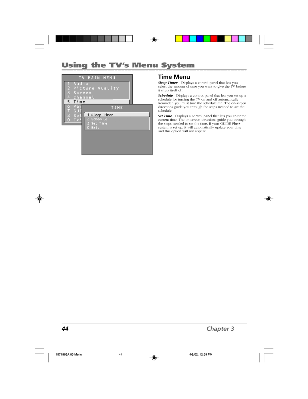 RCA F19436 manual Time Menu 