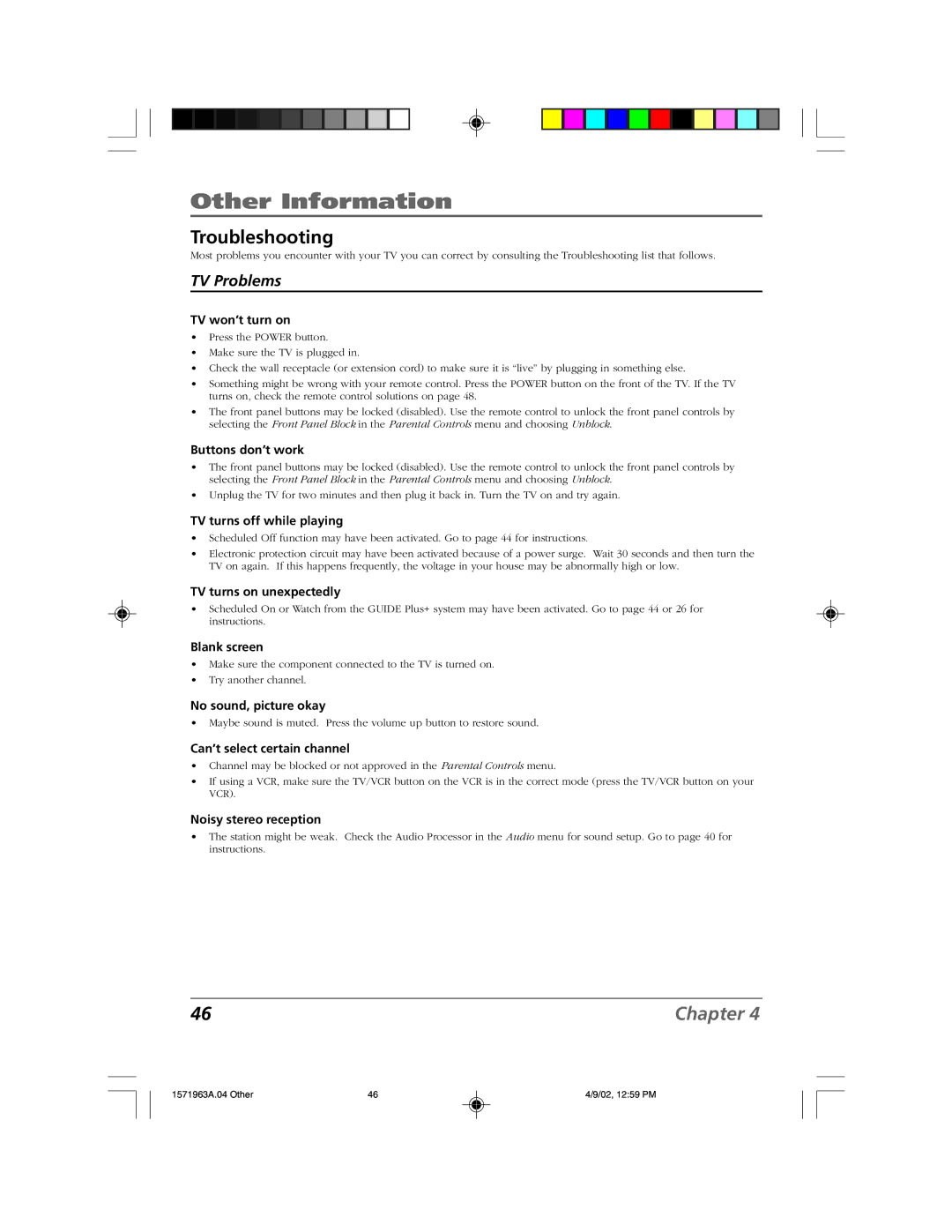 RCA F19436 manual Other Information, Troubleshooting 