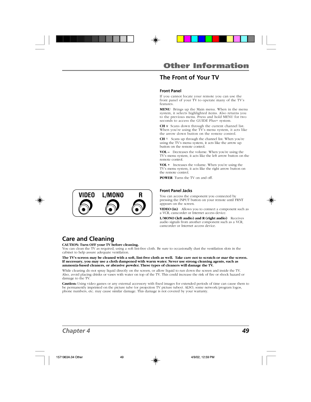 RCA F19436 manual Front of Your TV, Care and Cleaning, Front Panel Jacks 