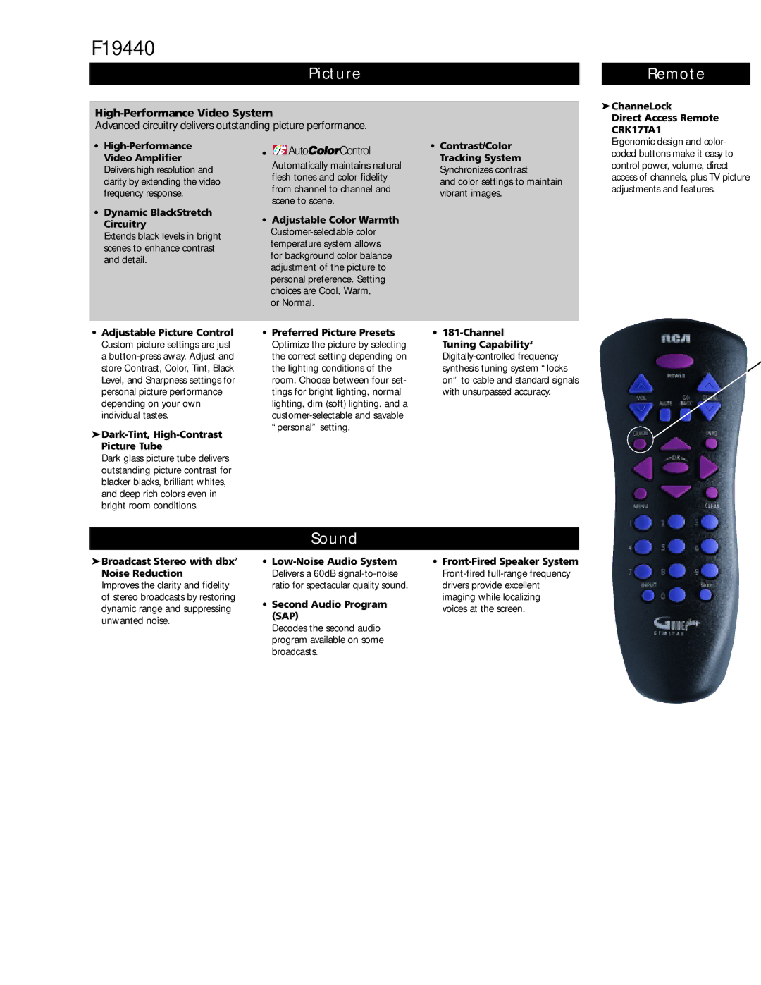 RCA F19440 manual Picture, Remote, Sound 