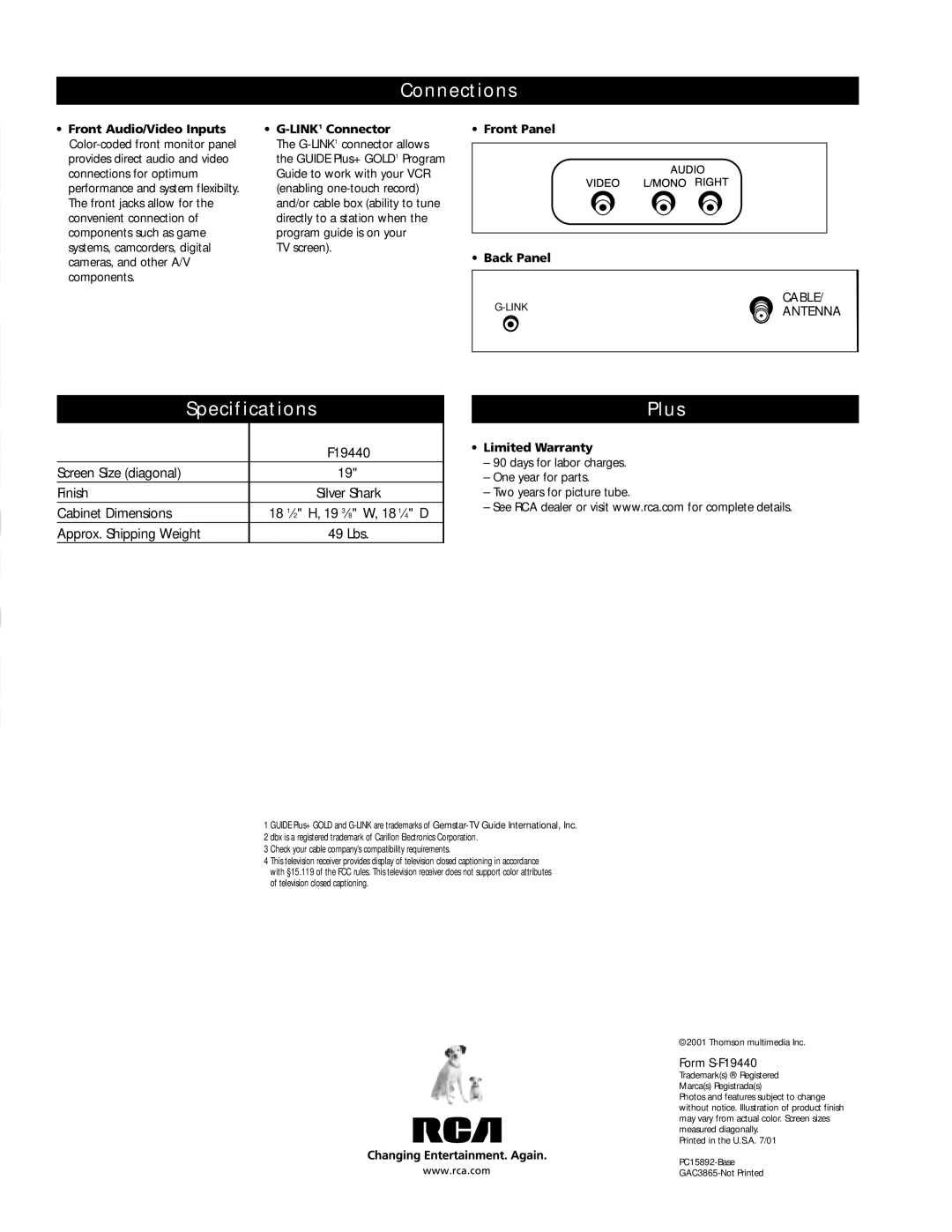 RCA F19440 manual Connections, Specifications, Plus 