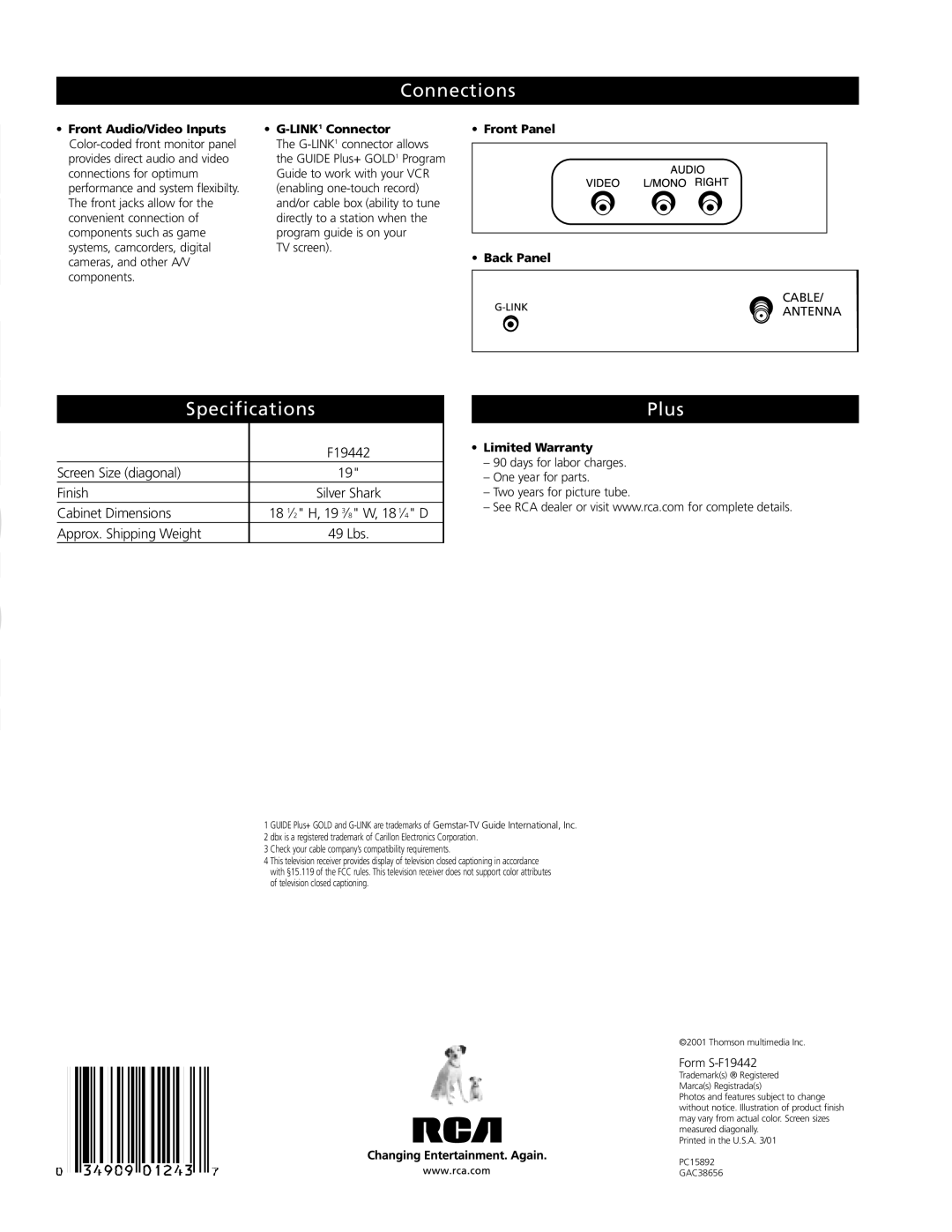 RCA F19442 manual Connections, Specifications, Plus 