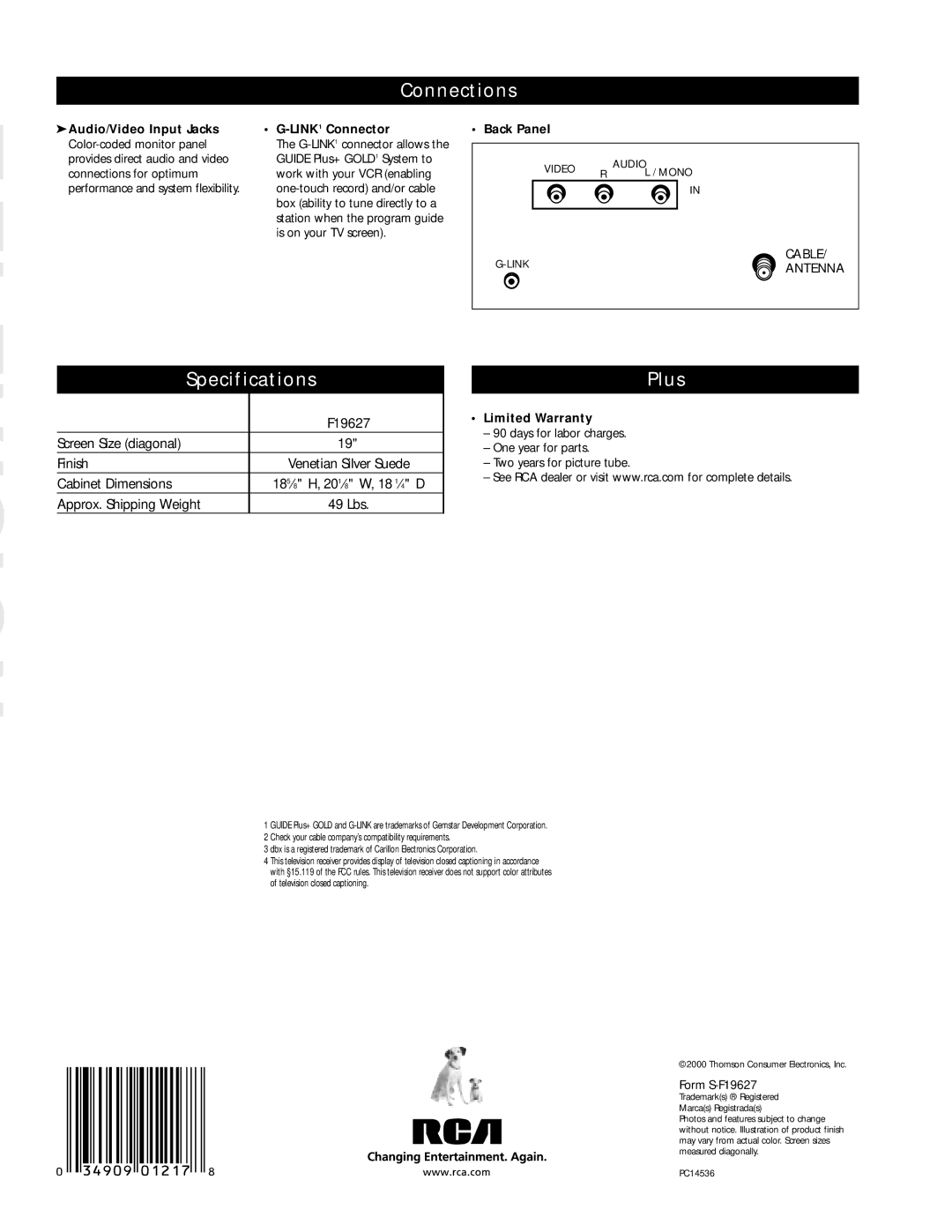 RCA F19627 manual Connections, Specifications, Plus 