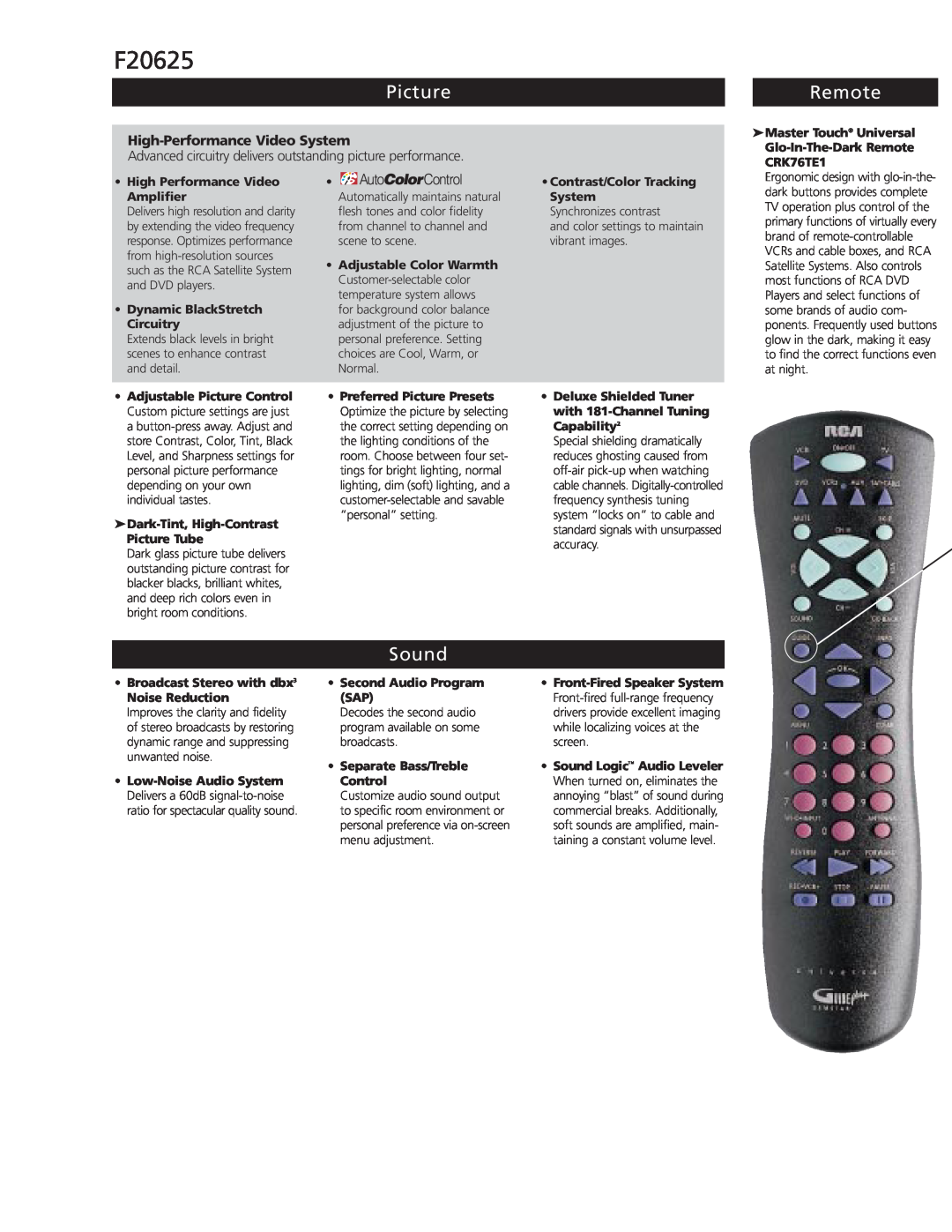 RCA F20625 manual Picture, Remote, Sound, High-Performance Video System 