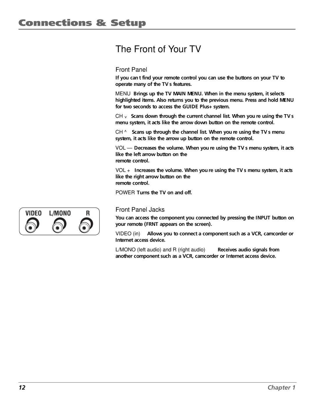 RCA F20648 manual Front of Your TV, Front Panel Jacks 