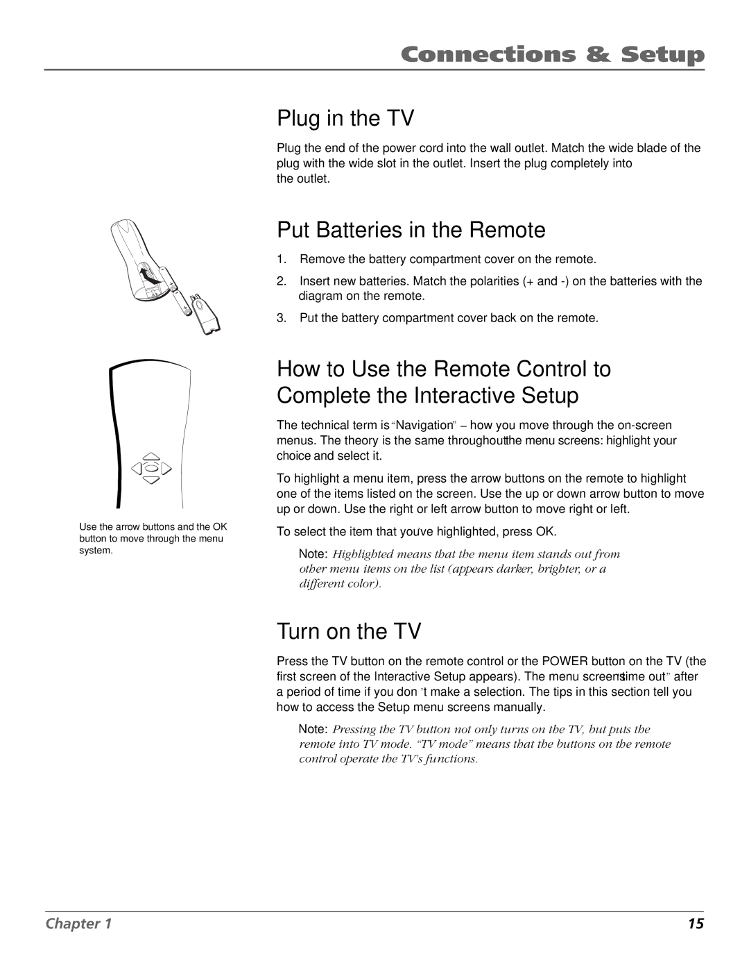 RCA F20648 manual Plug in the TV, Put Batteries in the Remote, Turn on the TV 