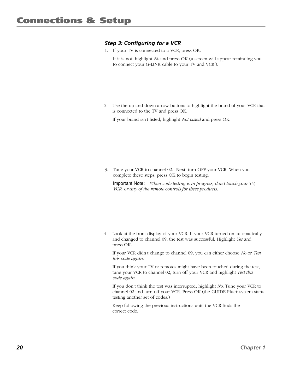 RCA F20648 manual Configuring for a VCR 