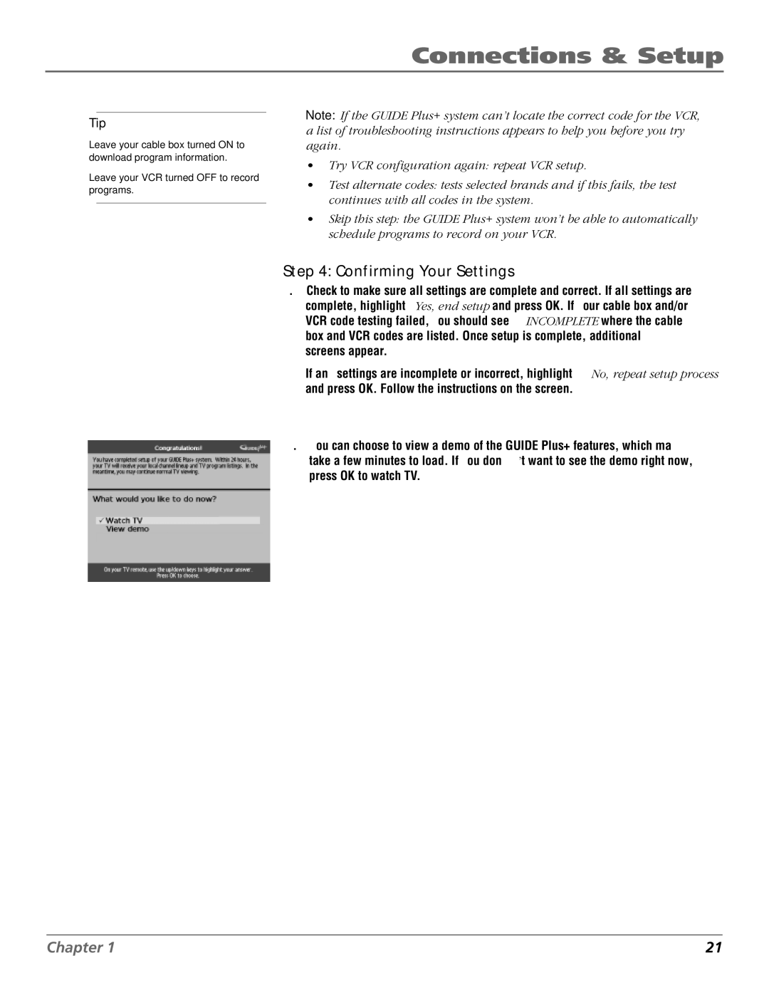 RCA F20648 manual Confirming Your Settings 