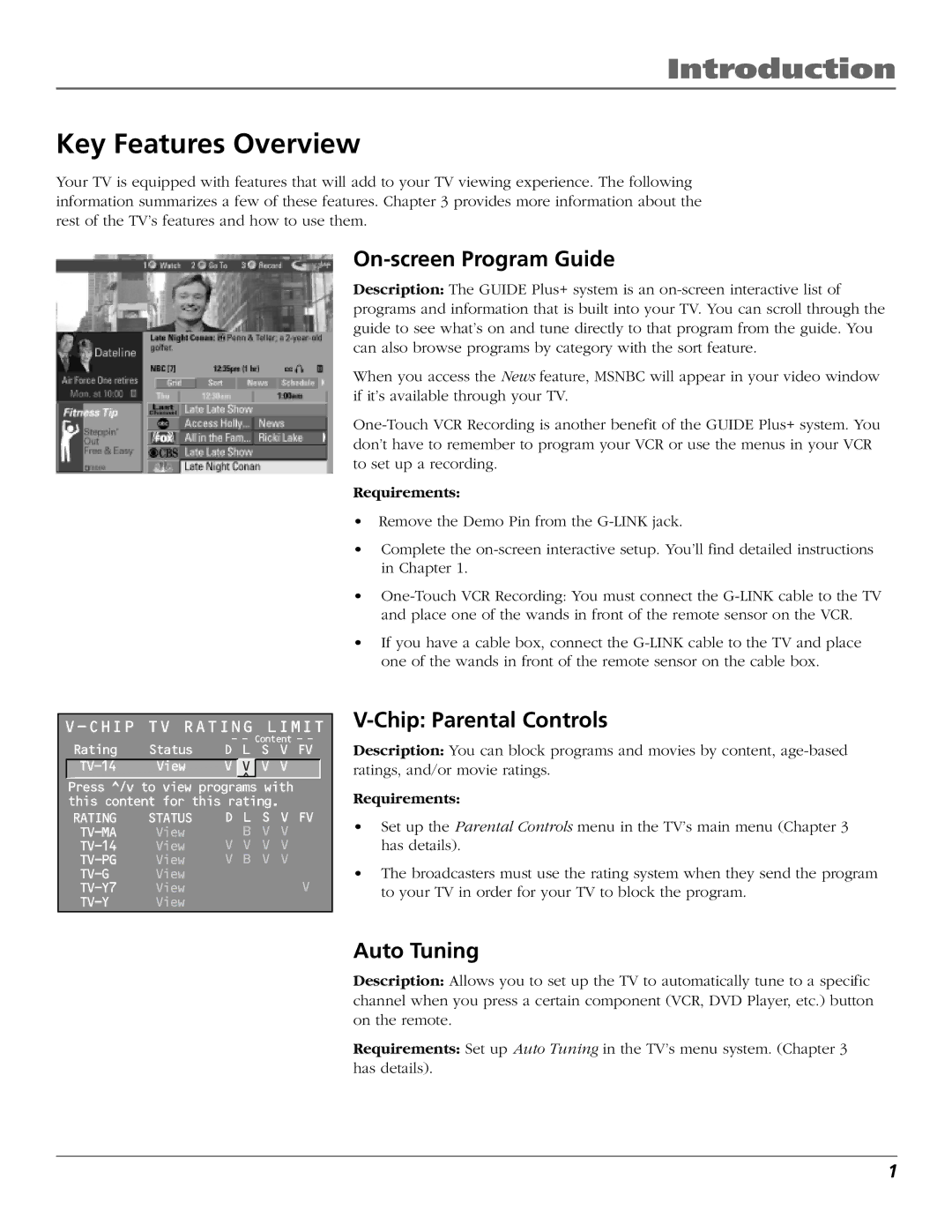 RCA F20648 manual Introduction, Key Features Overview, On-screen Program Guide, Chip Parental Controls, Auto Tuning 