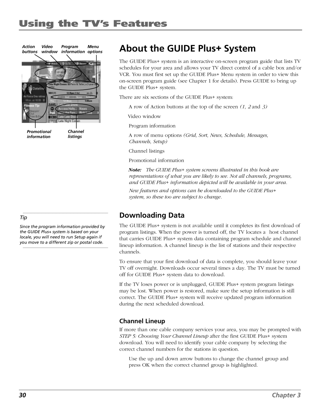 RCA F20648 manual Using the TV’s Features, About the Guide Plus+ System, Downloading Data, Channel Lineup 