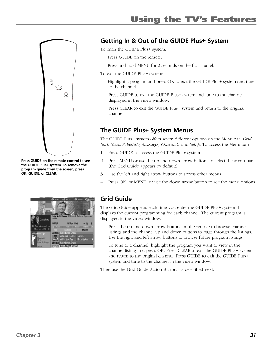 RCA F20648 manual Getting In & Out of the Guide Plus+ System, Guide Plus+ System Menus, Grid Guide 