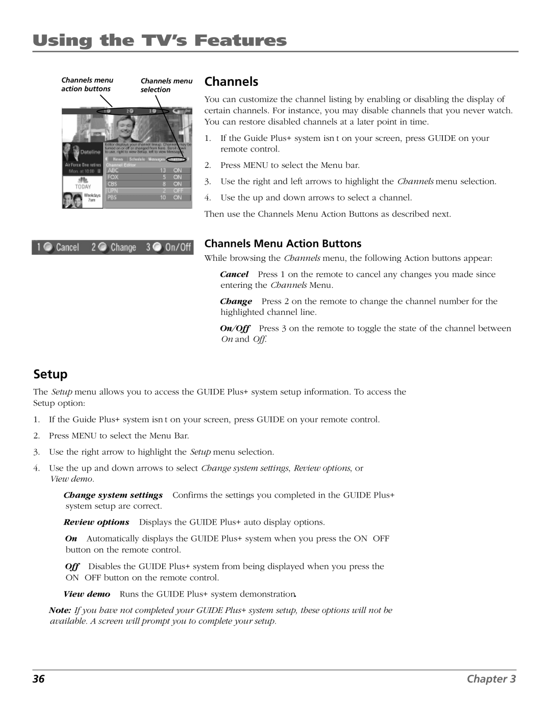 RCA F20648 manual Setup, Channels Menu Action Buttons 