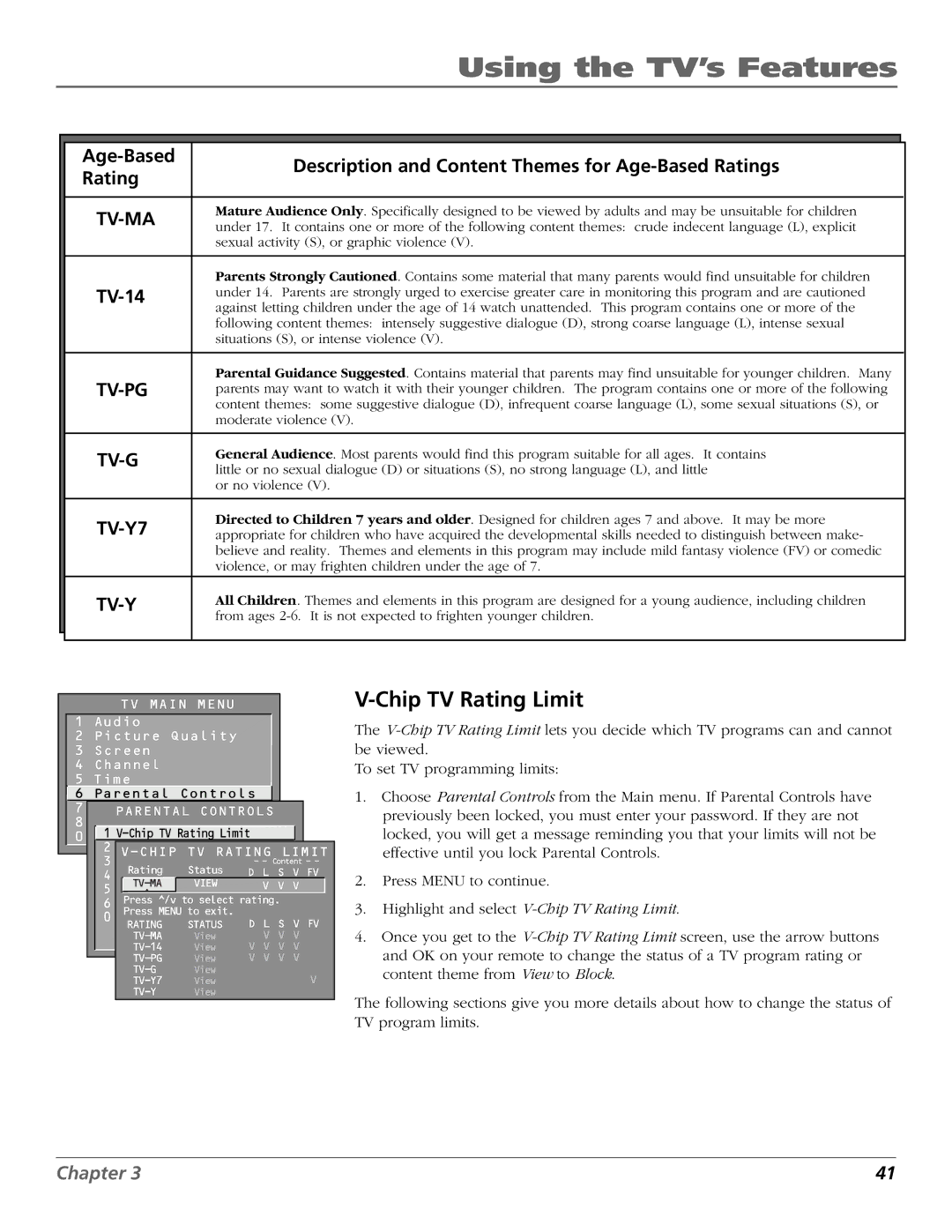 RCA F20648 manual Chip TV Rating Limit, TV-14 