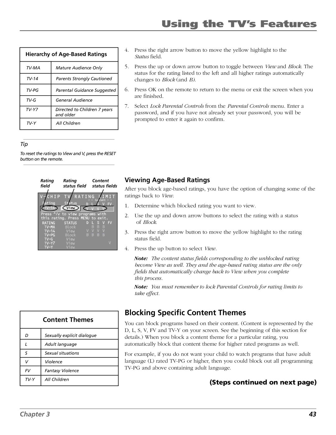 RCA F20648 manual Blocking Specific Content Themes, Viewing Age-Based Ratings, Steps on next 