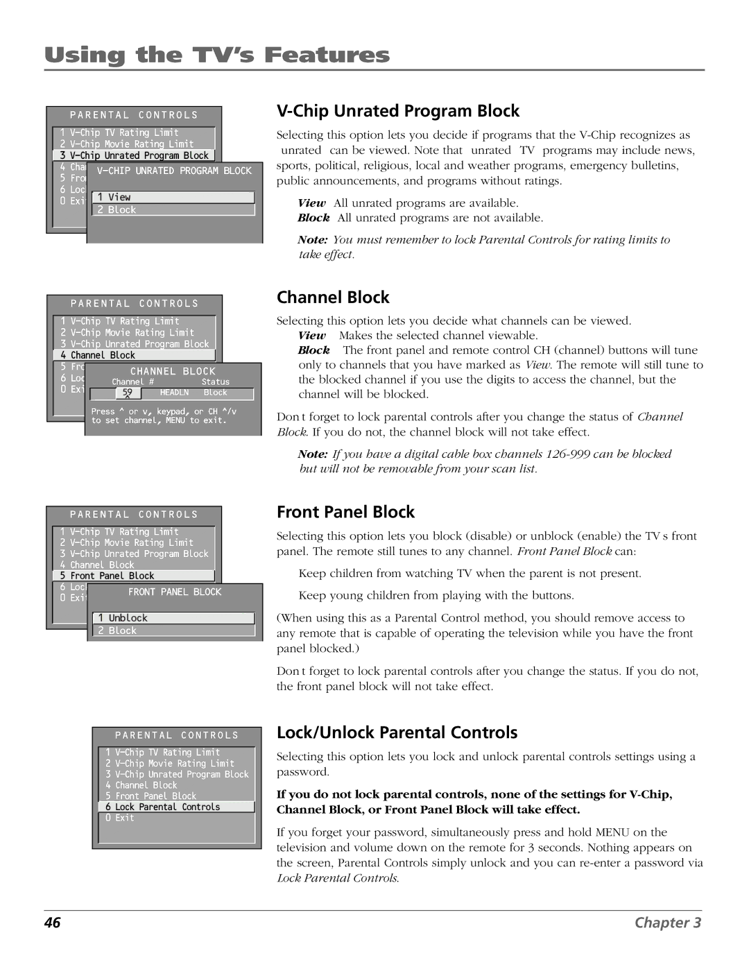 RCA F20648 manual Chip Unrated Program Block, Channel Block, Front Panel Block, Lock/Unlock Parental Controls 