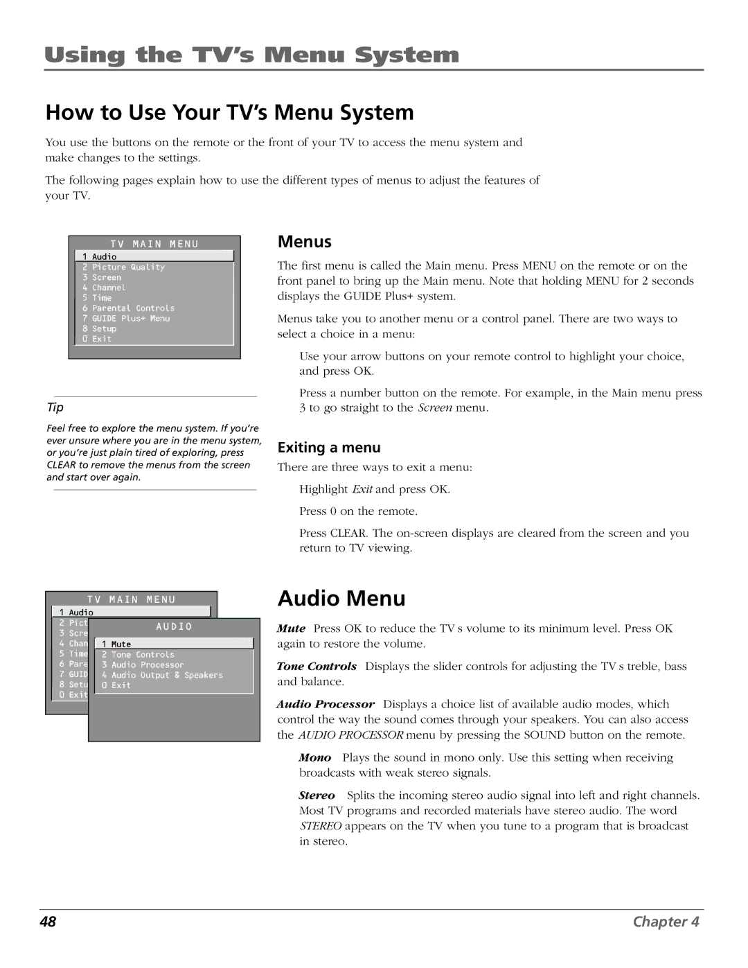 RCA F20648 manual Using the TV’s Menu System, How to Use Your TV’s Menu System, Audio Menu, Menus, Exiting a menu 