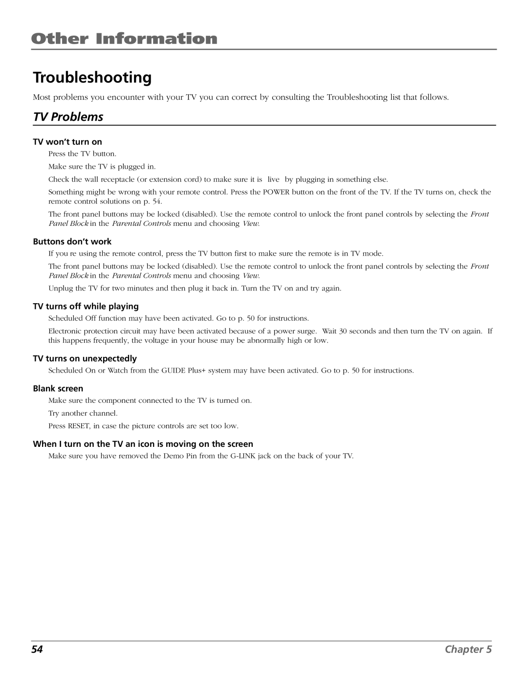 RCA F20648 manual Other Information, Troubleshooting 