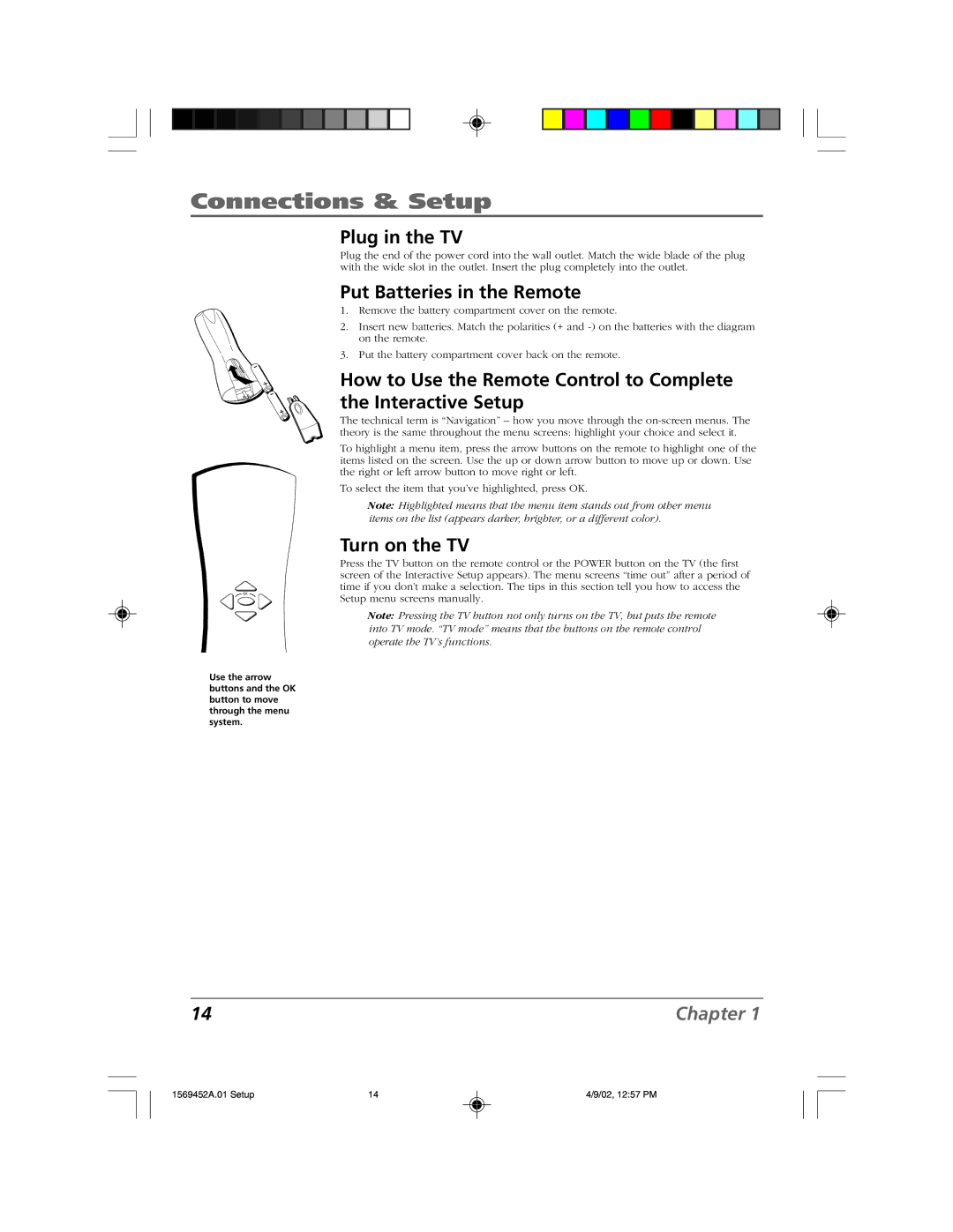 RCA F20TF10 manual Plug in the TV, Put Batteries in the Remote, Turn on the TV 