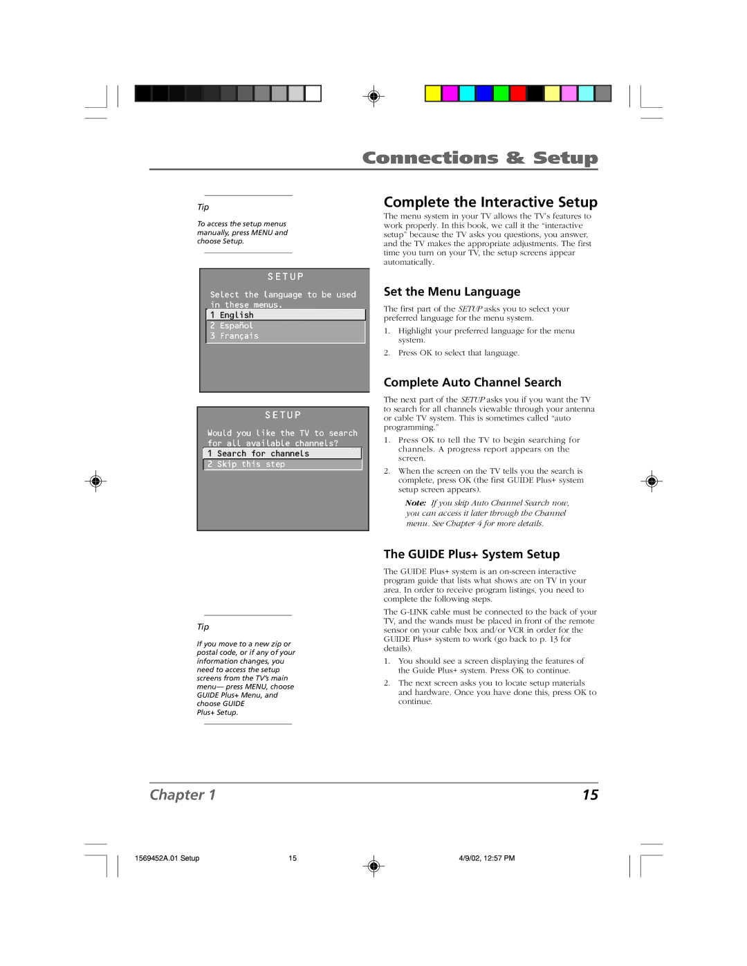 RCA F20TF10 Complete the Interactive Setup, Set the Menu Language, Complete Auto Channel Search, Guide Plus+ System Setup 