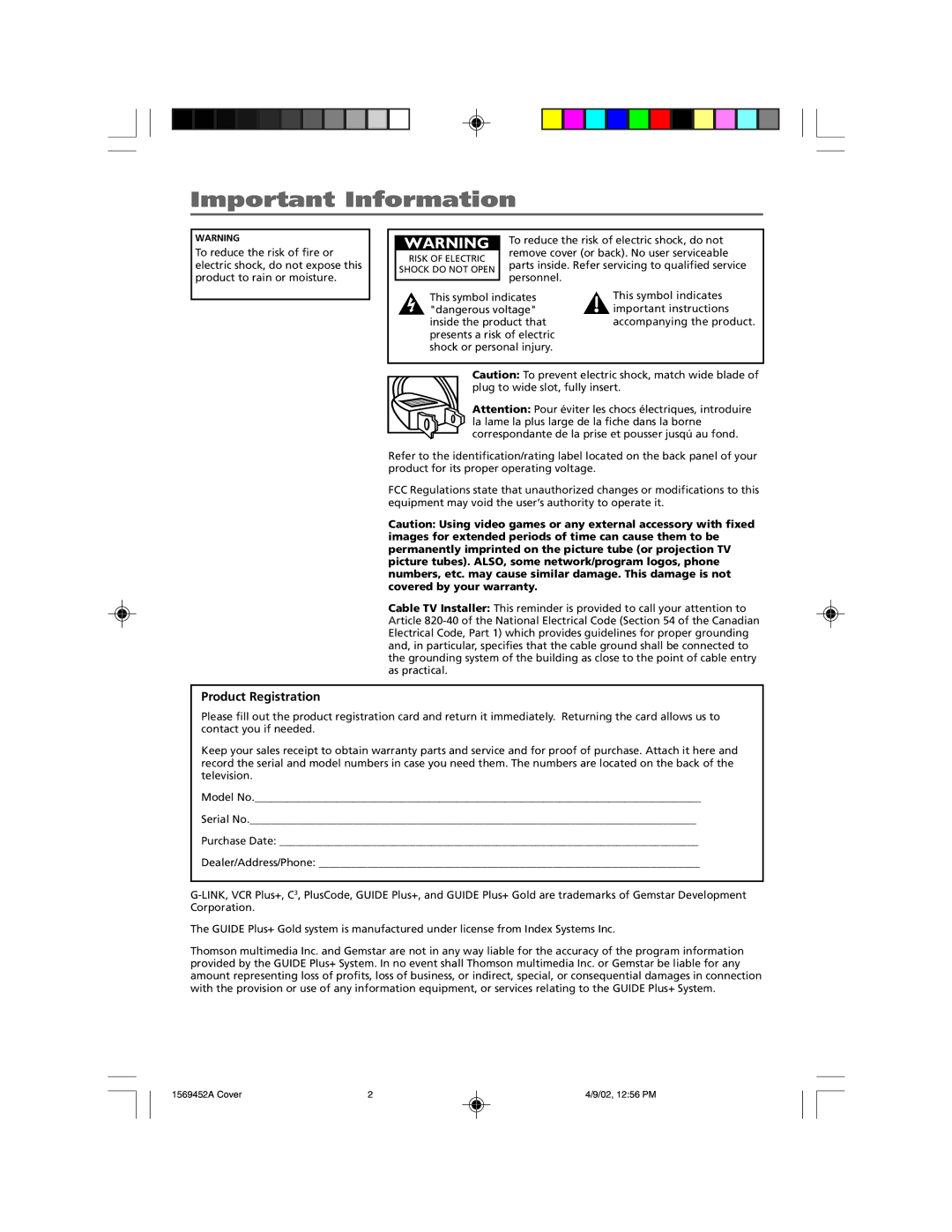 RCA F20TF10 manual Important Information, Product Registration 