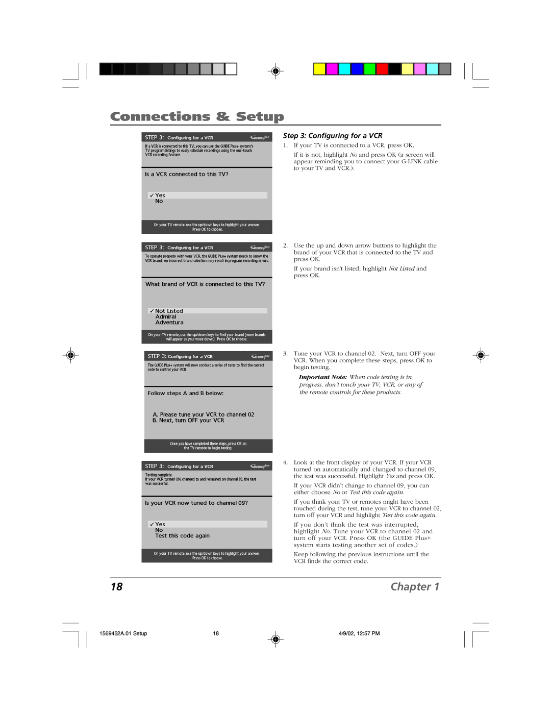 RCA F20TF10 manual Configuring for a VCR 