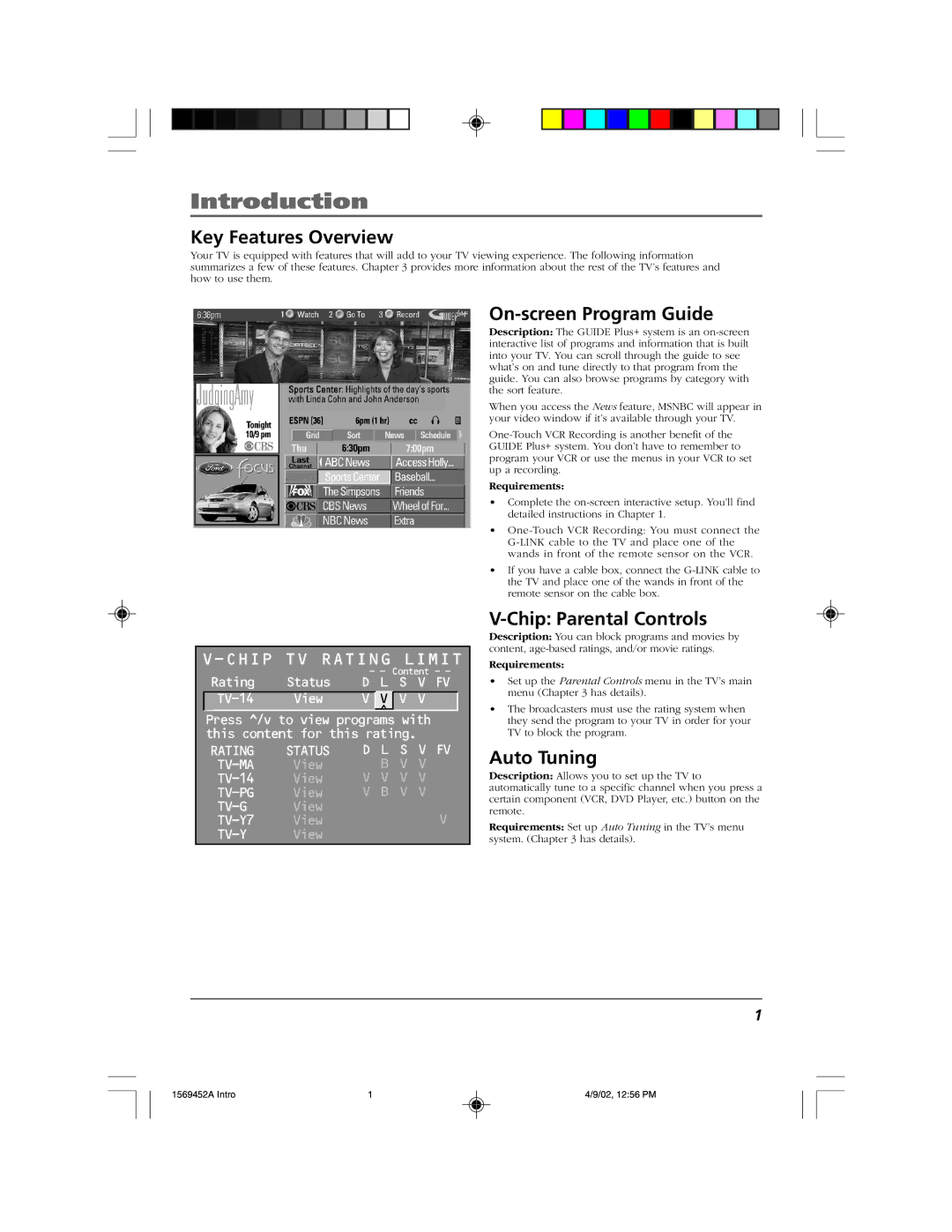 RCA F20TF10 manual Introduction, Key Features Overview, On-screen Program Guide, Chip Parental Controls, Auto Tuning 