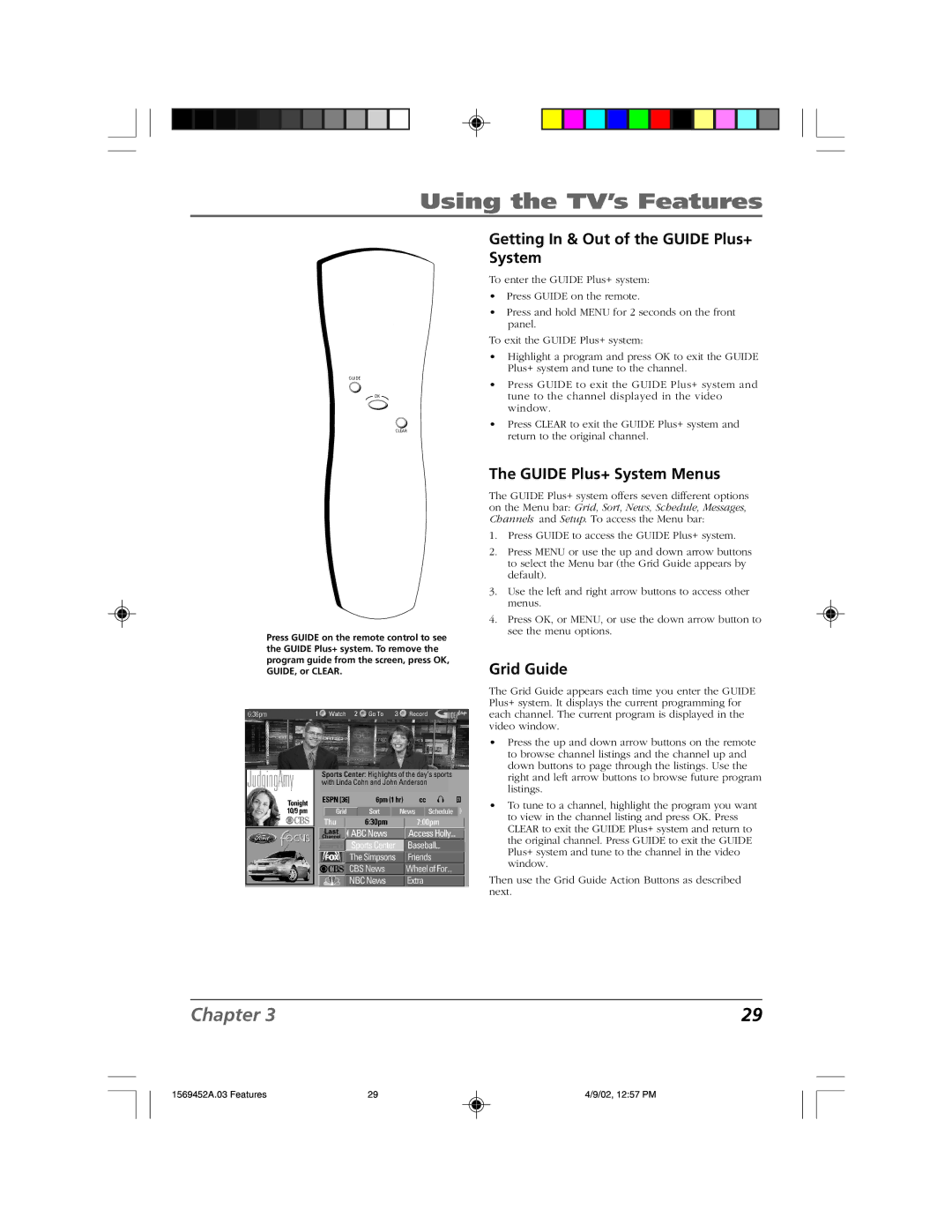 RCA F20TF10 manual Getting In & Out of the Guide Plus+ System, Guide Plus+ System Menus, Grid Guide 