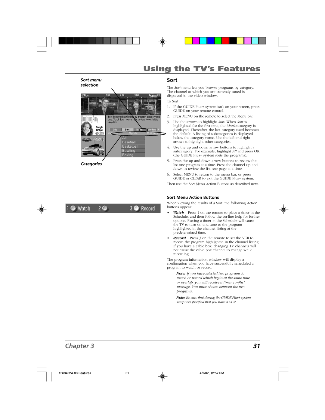 RCA F20TF10 manual Sort menu selection Categories, Sort Menu Action Buttons 