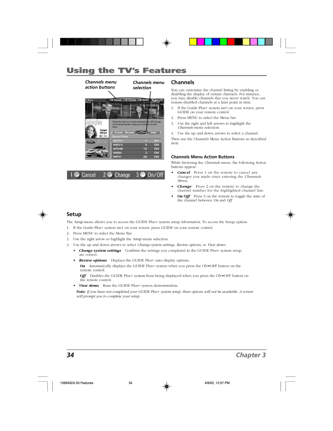 RCA F20TF10 manual Setup, Channels menu, Channels Menu Action Buttons 