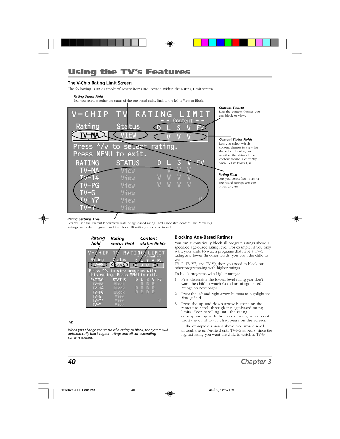 RCA F20TF10 manual V-Chip Rating Limit Screen, Rating Content Field Status field, Blocking Age-Based Ratings 