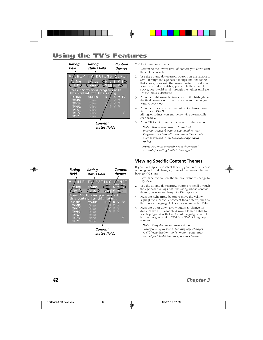 RCA F20TF10 manual Viewing Specific Content Themes, Rating, Field Status field Themes, Content status fields 