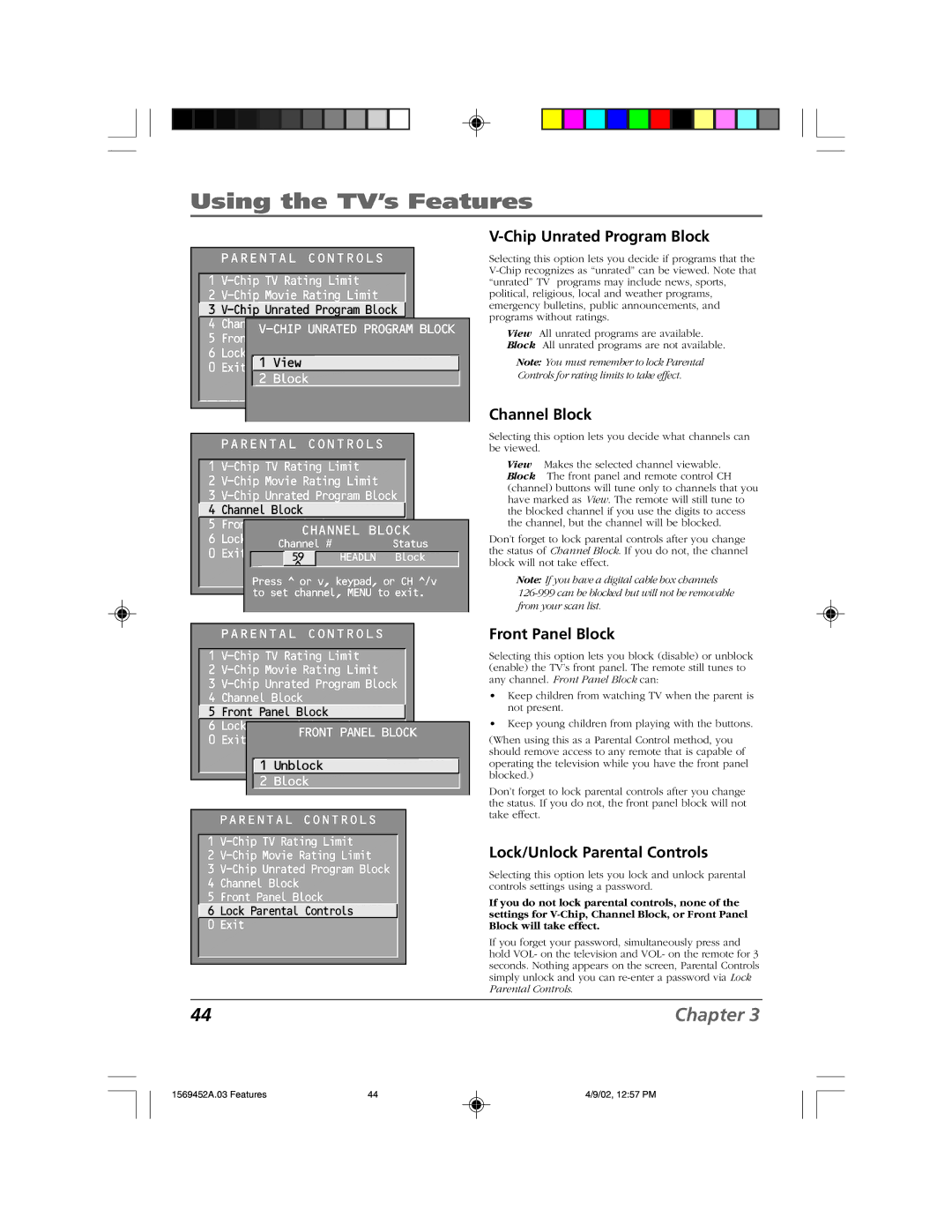 RCA F20TF10 manual Chip Unrated Program Block, Channel Block, Front Panel Block, Lock/Unlock Parental Controls 