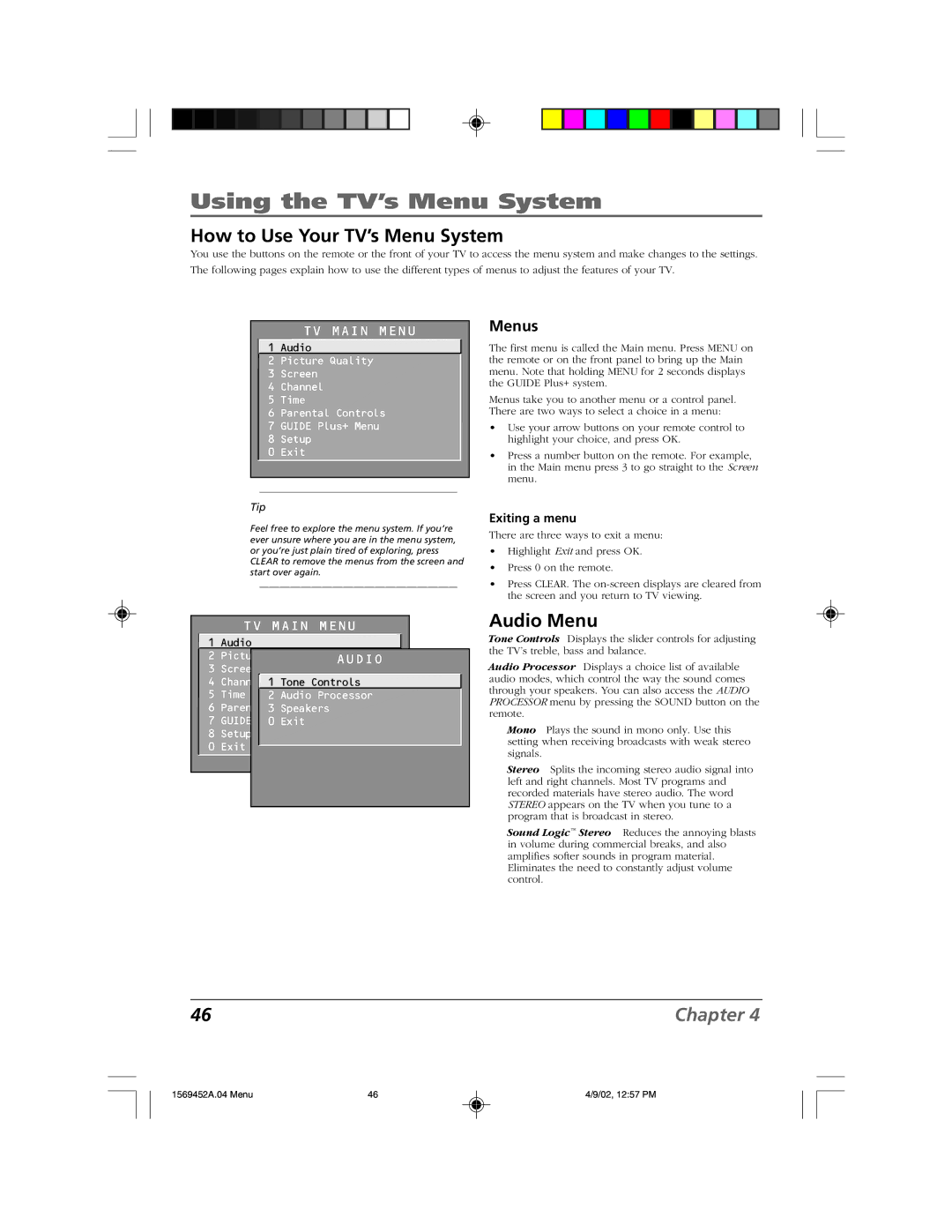 RCA F20TF10 manual Using the TV’s Menu System, How to Use Your TV’s Menu System, Audio Menu, Menus, Exiting a menu 