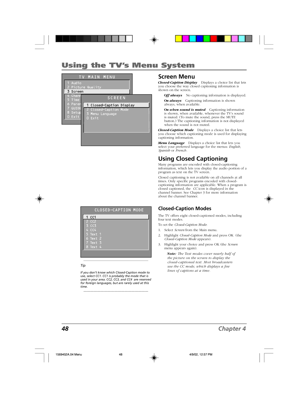 RCA F20TF10 manual Screen Menu, Using Closed Captioning, Closed-Caption Modes 