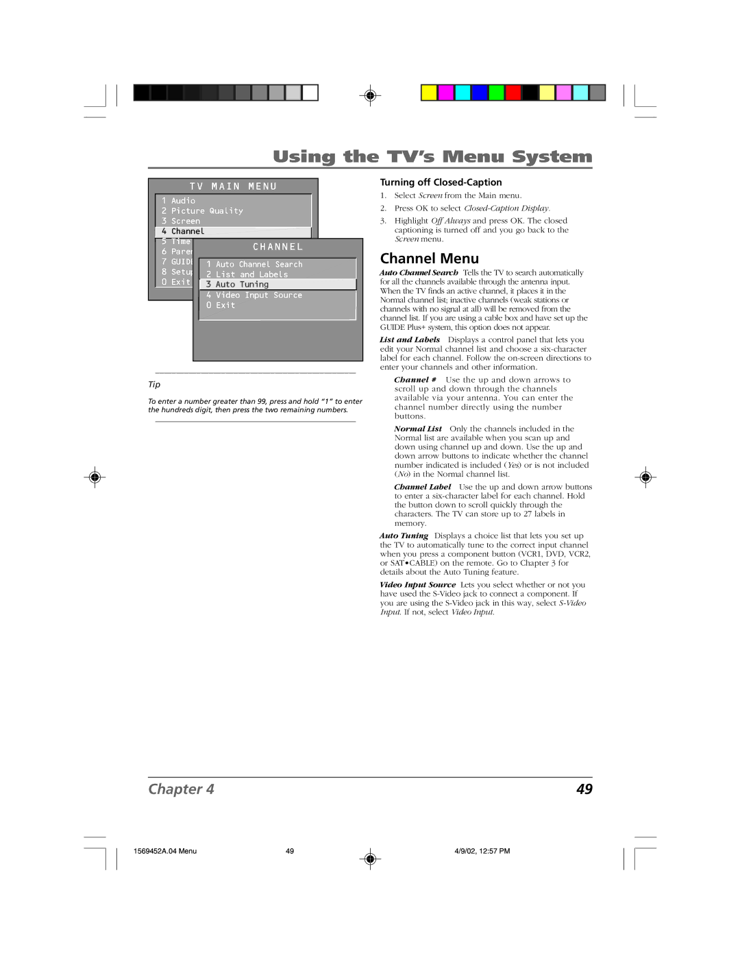 RCA F20TF10 manual Channel Menu, Turning off Closed-Caption 