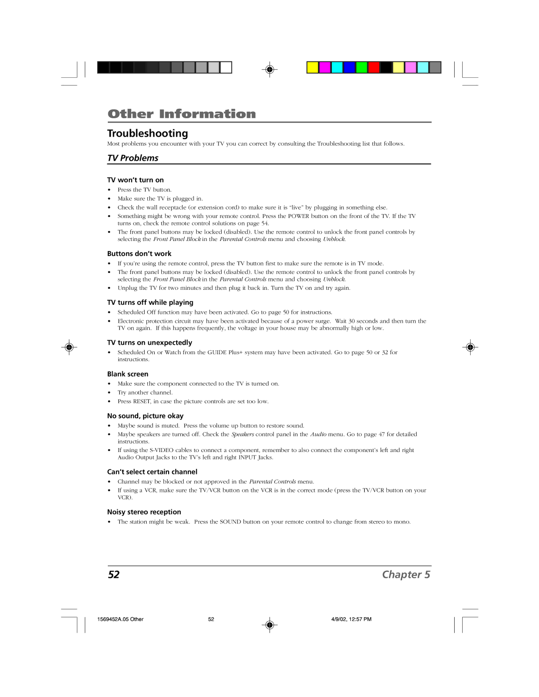 RCA F20TF10 manual Other Information, Troubleshooting 