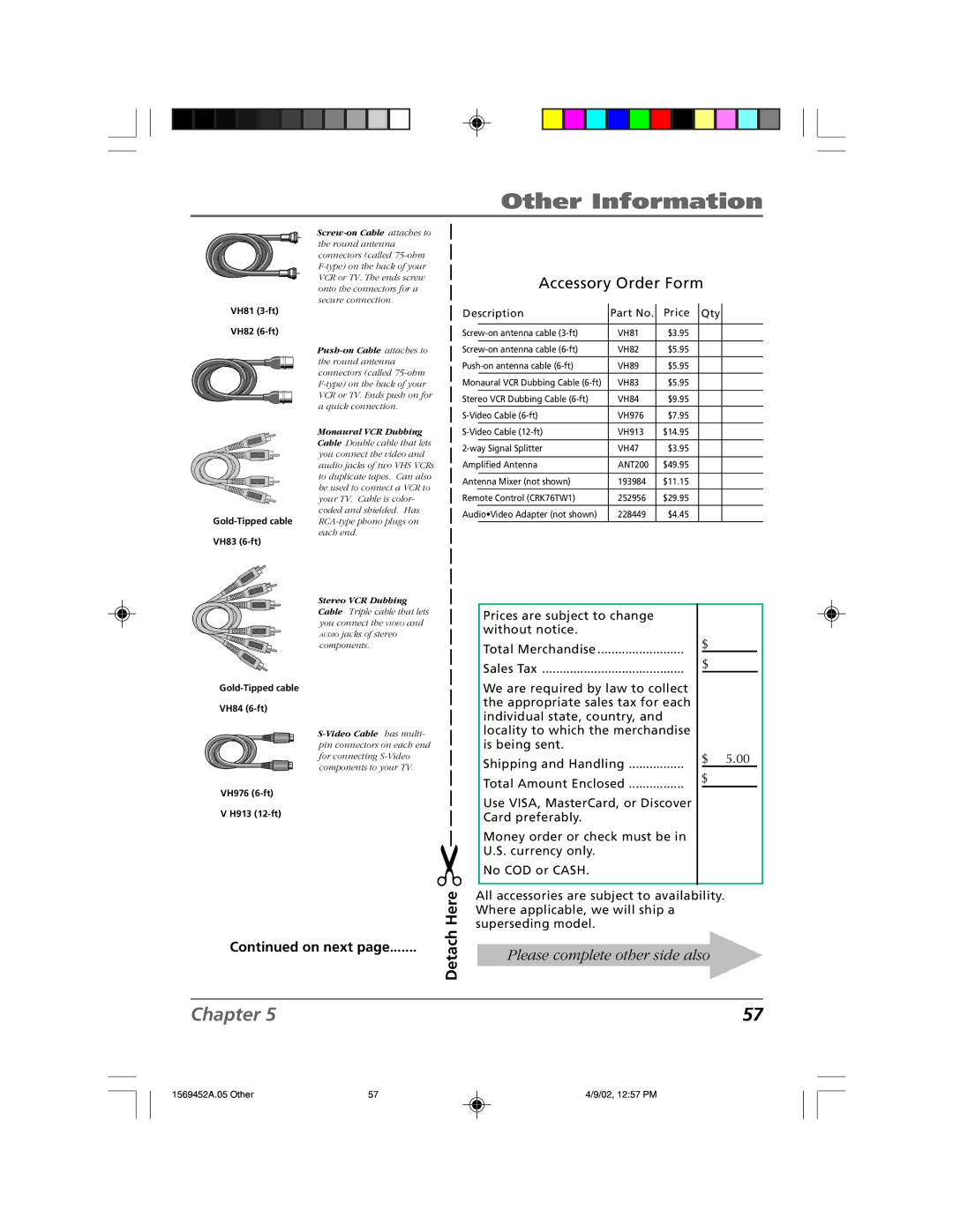 RCA F20TF10 manual Accessory Order Form, Here 