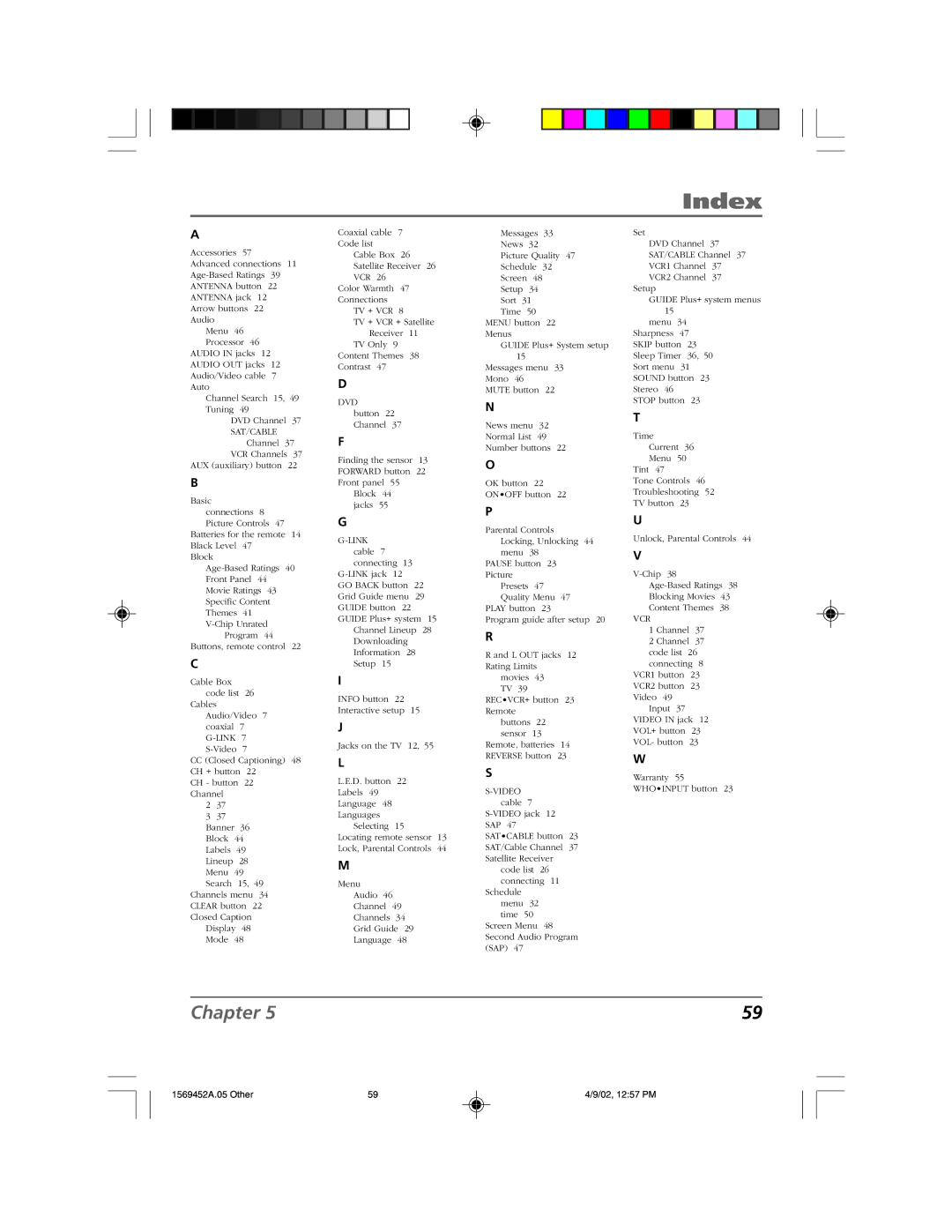 RCA F20TF10 manual Index, Sat/Cable 