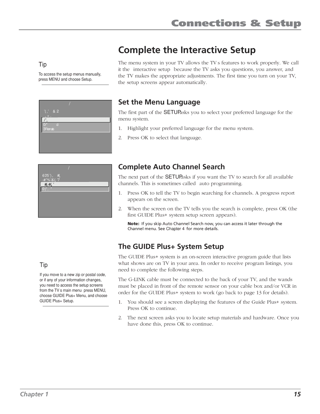 RCA F20TF20, MR51TF20, F27TF700, MR68TF700 Complete the Interactive Setup, Set the Menu Language, Guide Plus+ System Setup 