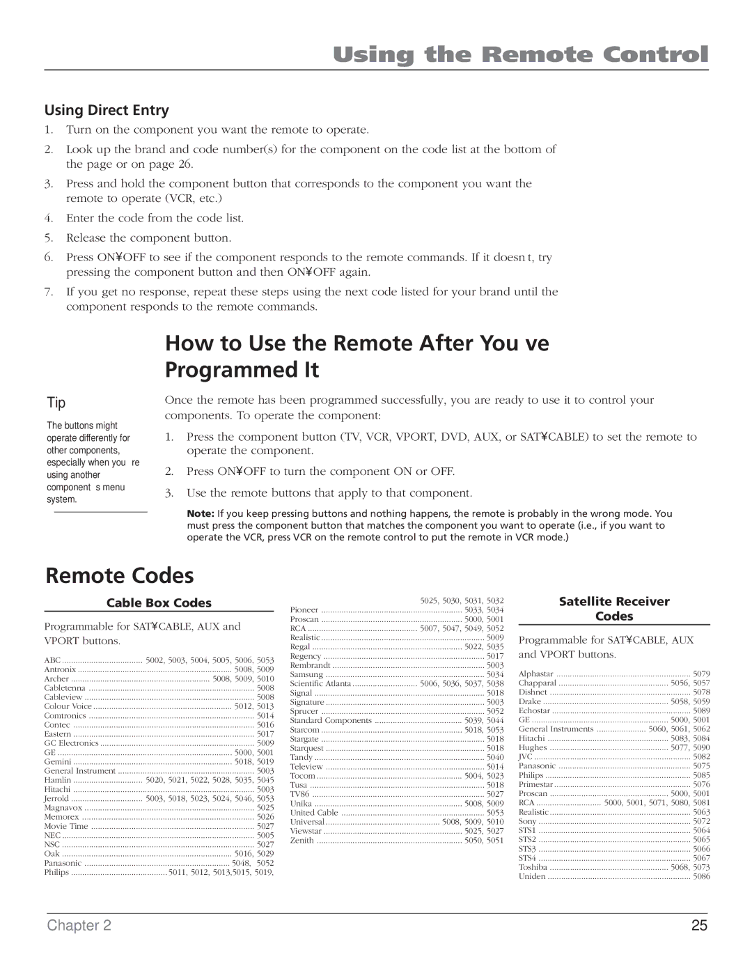 RCA F20TF20, MR51TF20, F27TF700, MR68TF700 manual How to Use the Remote After You’ve Programmed It, Remote Codes 