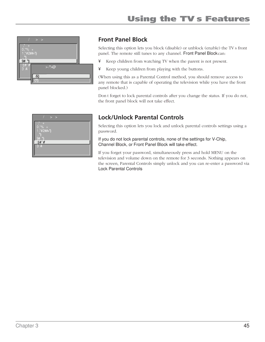 RCA F20TF20, MR51TF20, F27TF700, MR68TF700 manual Front Panel Block, Lock/Unlock Parental Controls 