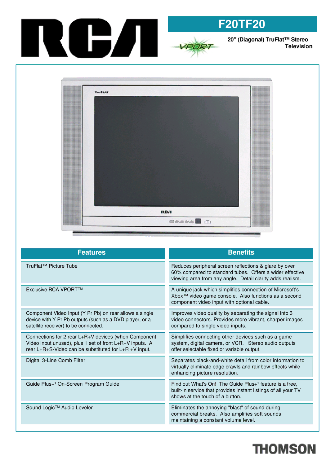 RCA F20TF20 manual Features Benefits, Diagonal TruFlat Stereo Television 