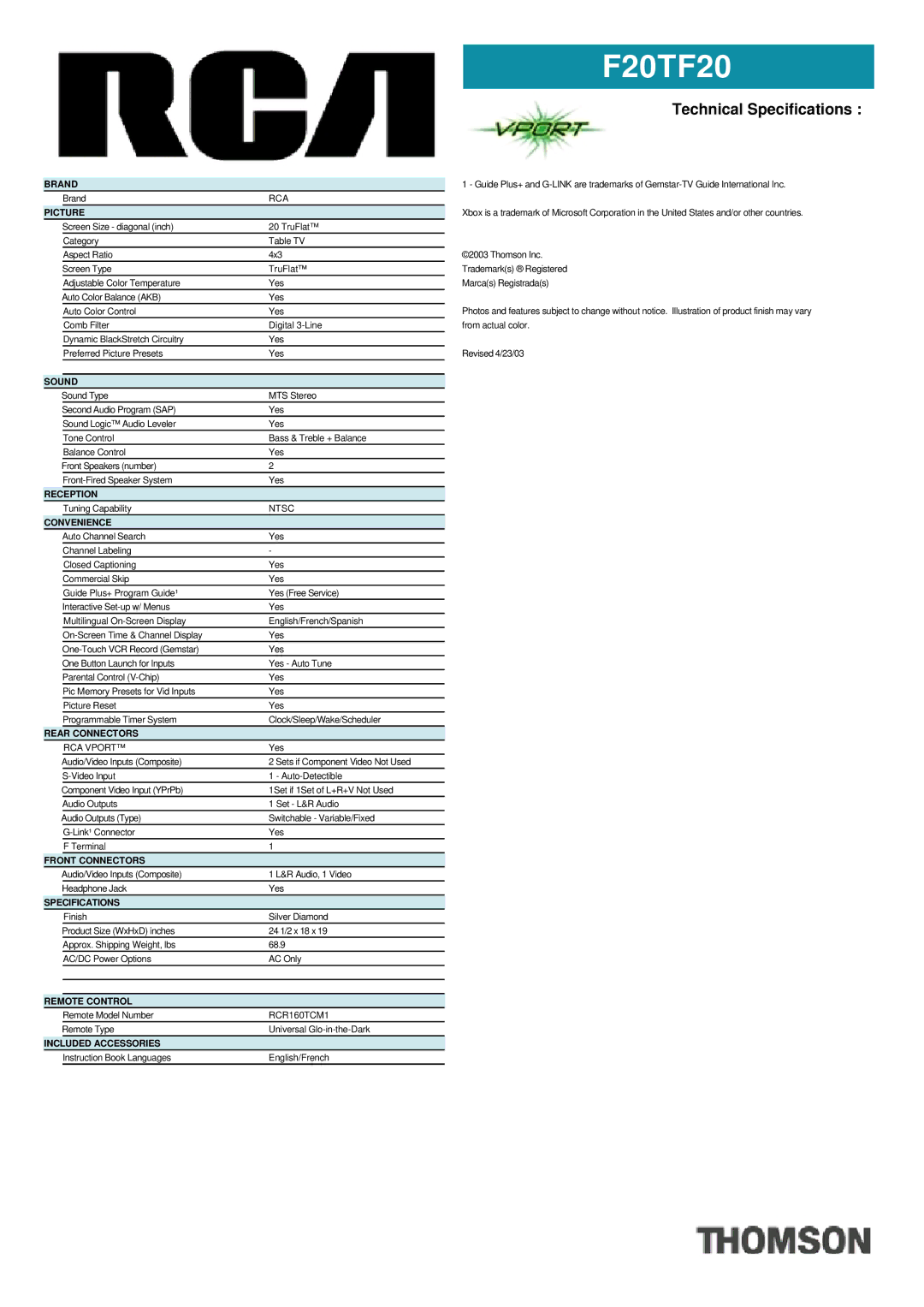 RCA F20TF20 manual Technical Specifications 