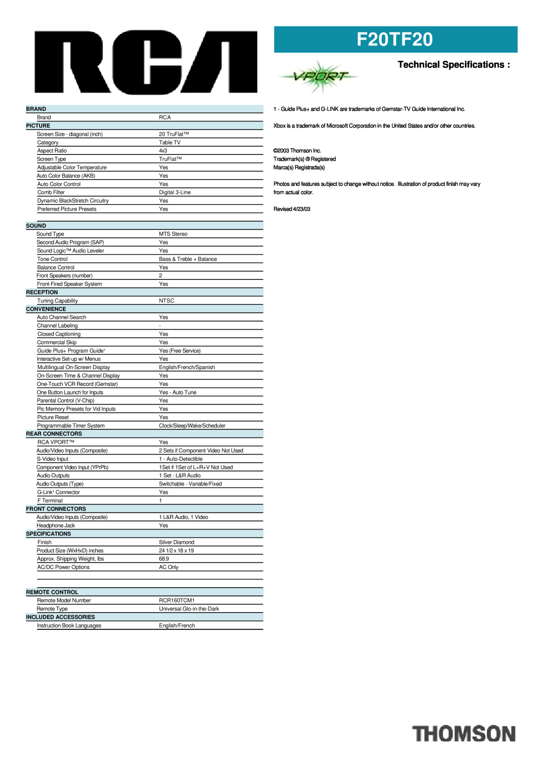 RCA F20TF20 manual Technical Specifications 