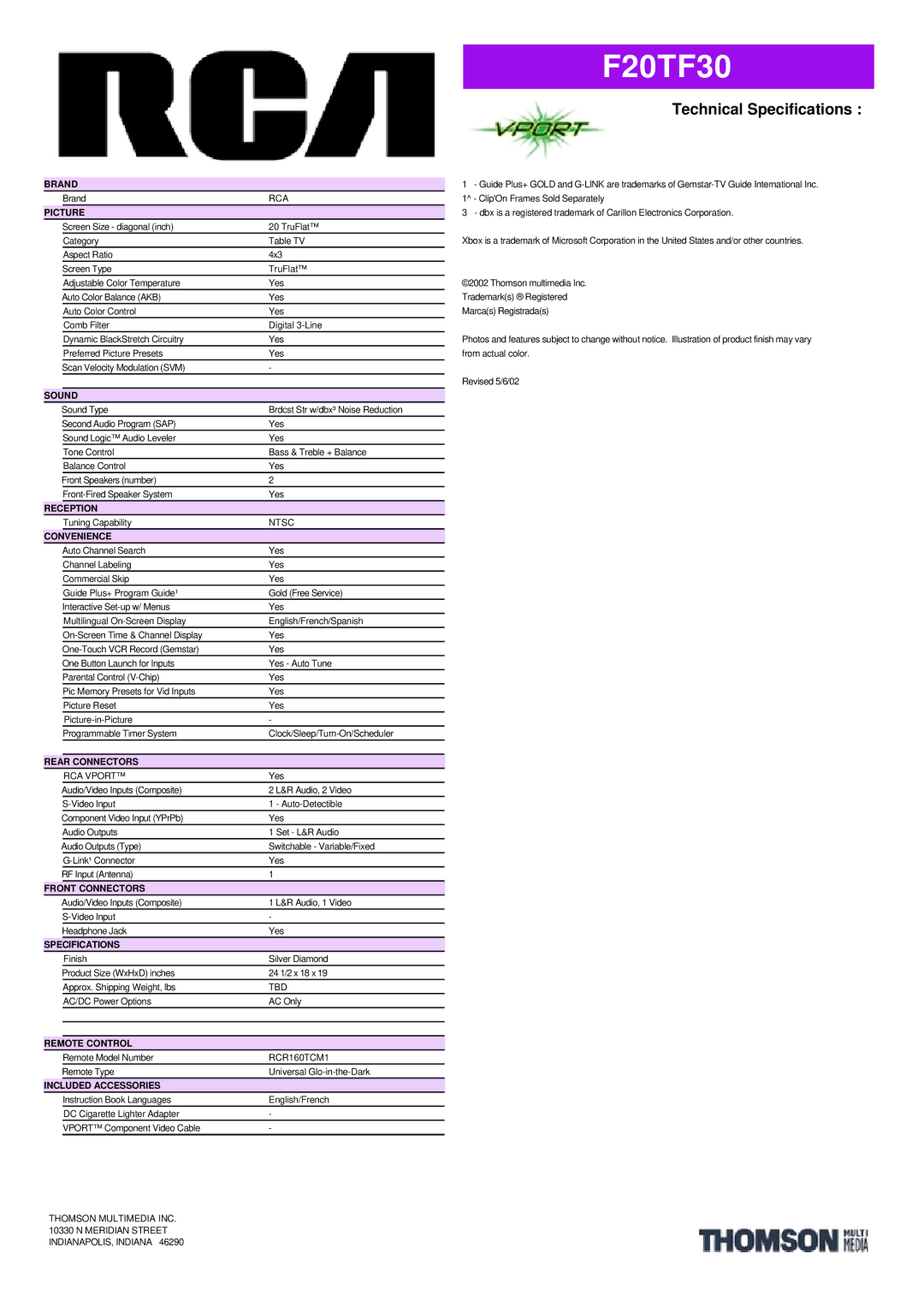 RCA F20TF30 manual Brand, Picture, Sound, Reception, Convenience, Rear Connectors, Front Connectors, Specifications 