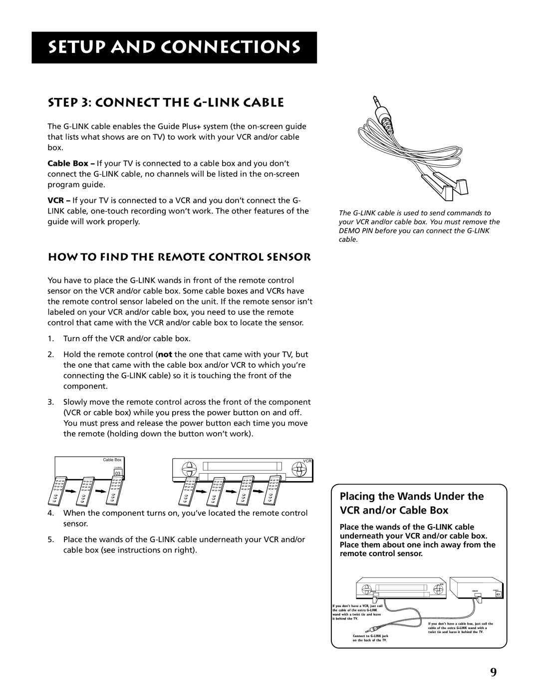 RCA F20645, F25305 manual Connect the G-LINK Cable, HOW to Find the Remote Control Sensor 